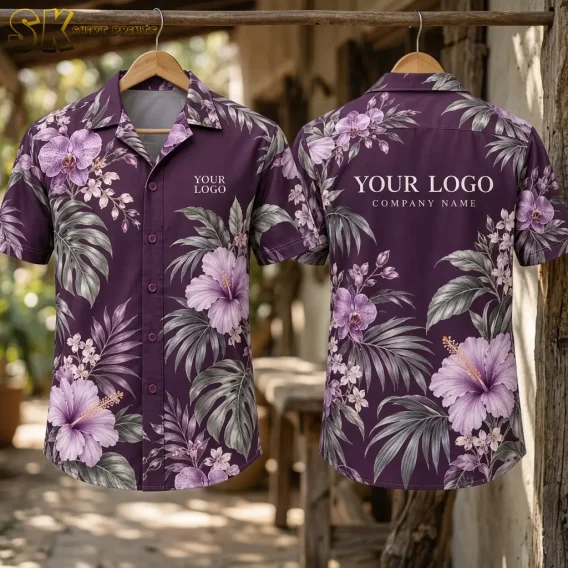 A purple tropical Hawaiian shirt with a custom hawaiian shirts logo placeholder hangs on a wooden hanger outdoors, displaying the all-over hibiscus print on the front and the large back logo zone simultaneously.