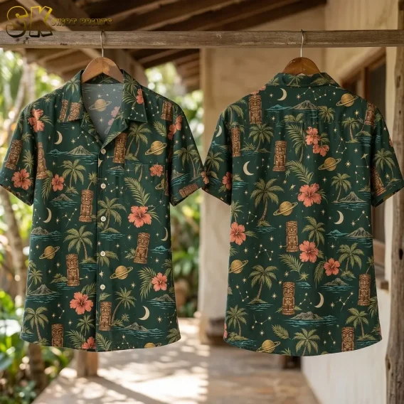 Front and back of the dark green tiki Hawaiian shirt hang side by side on wooden hangers in an open outdoor corridor, showing the collar shape, button placket, and repeating pattern on both sides.