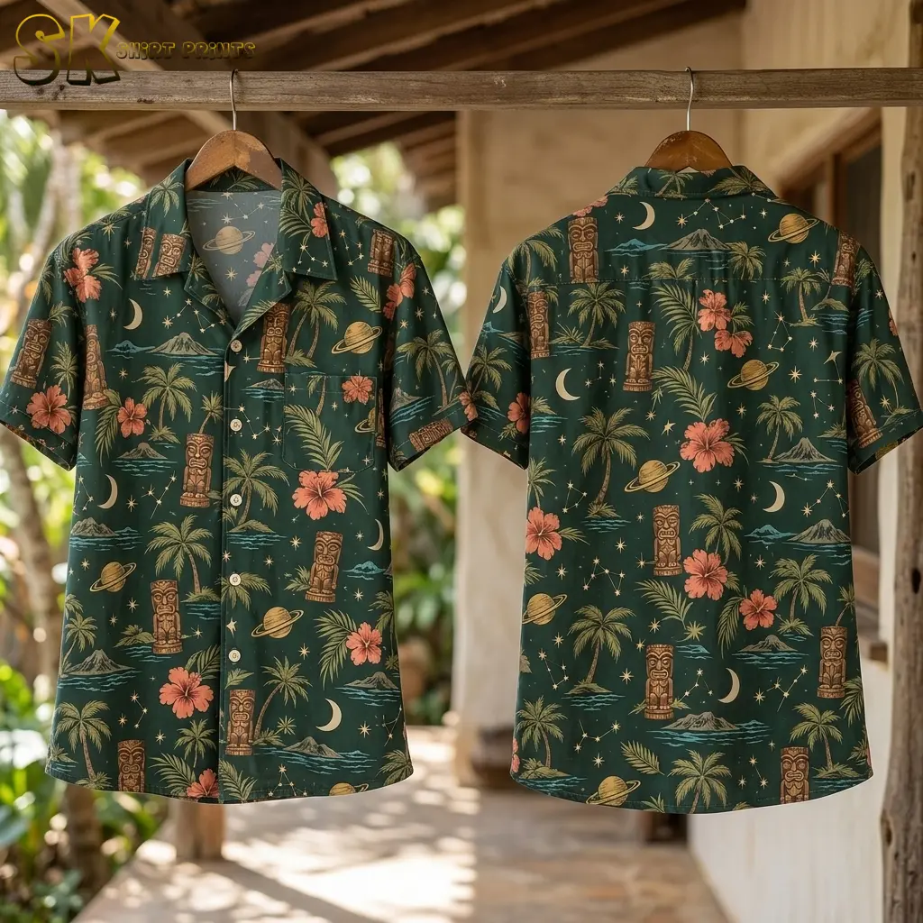 Front and back of the dark green tiki Hawaiian shirt hang side by side on wooden hangers in an open outdoor corridor, showing the collar shape, button placket, and repeating pattern on both sides.
