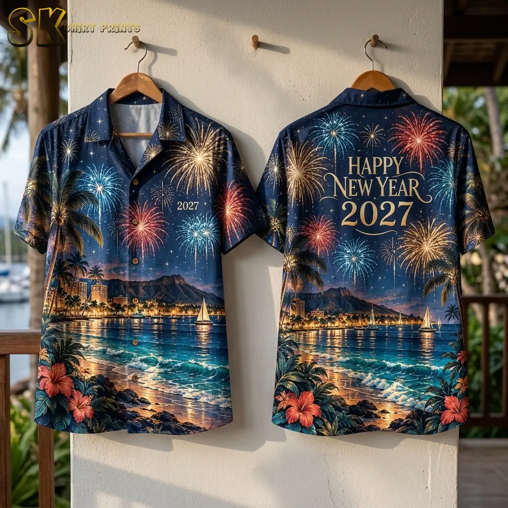 Front and back of the navy fireworks shirt hang on a light-colored wall, displaying gold “HAPPY NEW YEAR 2027” text on the back.