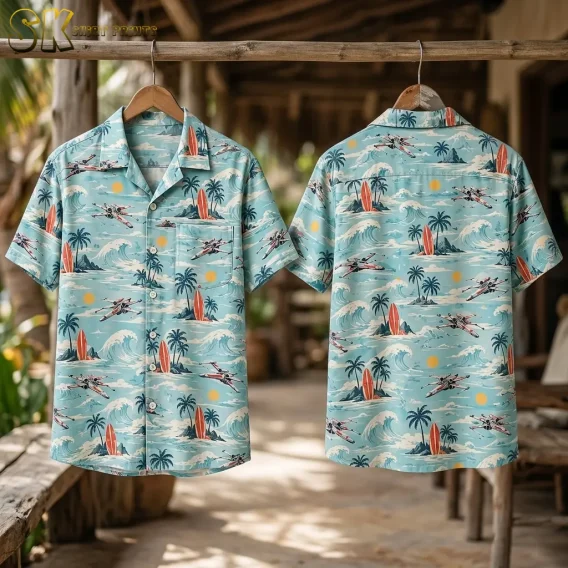 Front and back of a light blue Star Wars tropical shirt hang from wooden hangers on a horizontal pole in a shaded wooden walkway.