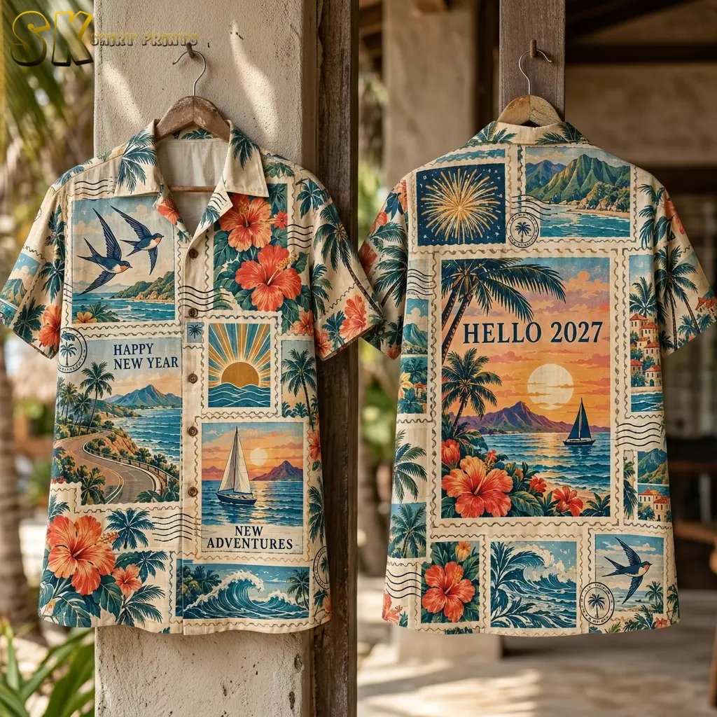 Front and back of the tropical stamp-print shirt hang on wooden hangers, with “HELLO 2027” centered over the back's sunset scene.