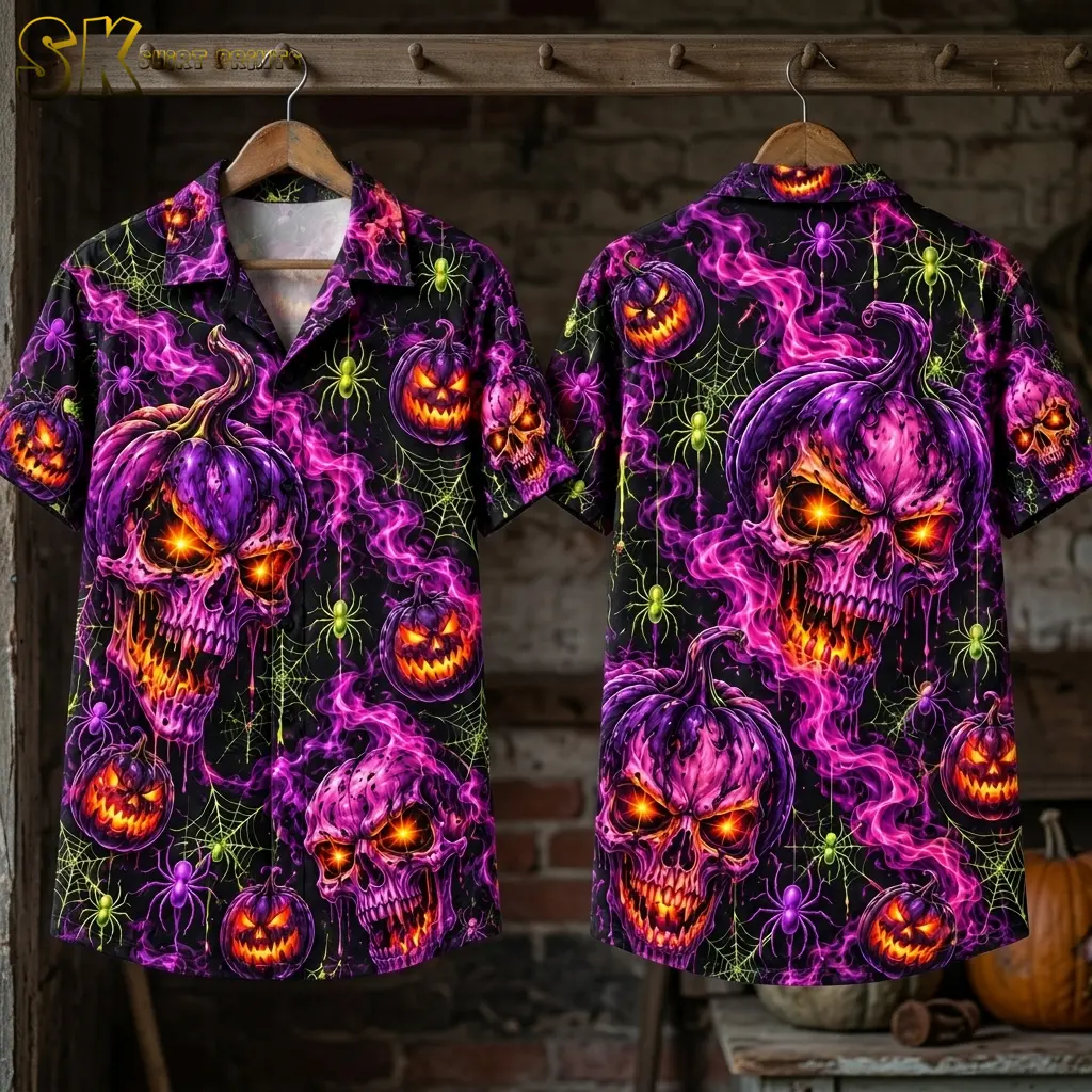 Front and back of a horror Hawaiian shirt hang side by side on wooden hangers, displaying purple pumpkin skulls on black.