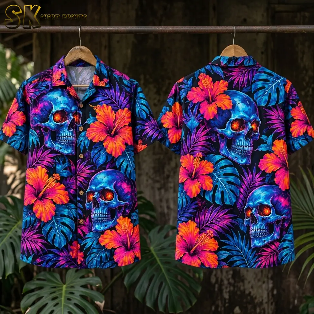 Front and back of a horror Hawaiian shirt hang from a metal rail on wooden hangers, showing blue skulls among vivid tropical leaves.