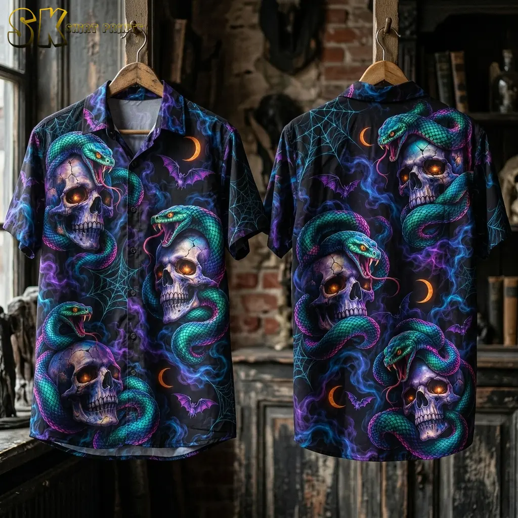 Front and back of a skull-and-snake Halloween Hawaiian shirt hang side by side on wooden hangers beside a window.