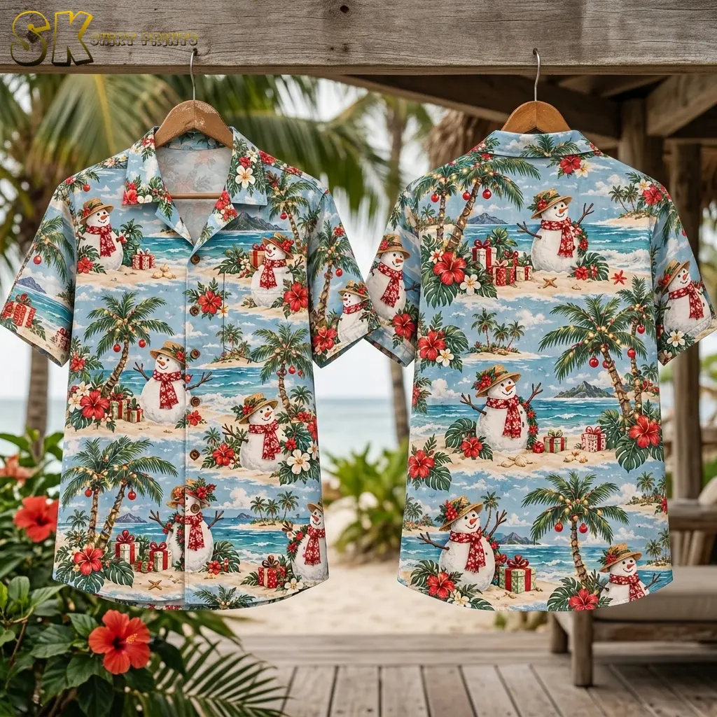 Front and back of the snowman Christmas shirt hang from a wooden beam with palm trees and the ocean behind them.