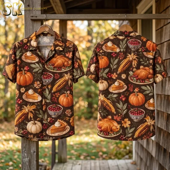 Front and back of a brown Thanksgiving aloha shirt hang from a wooden porch rail, showing corn, pumpkins, and cranberry bowl motifs.