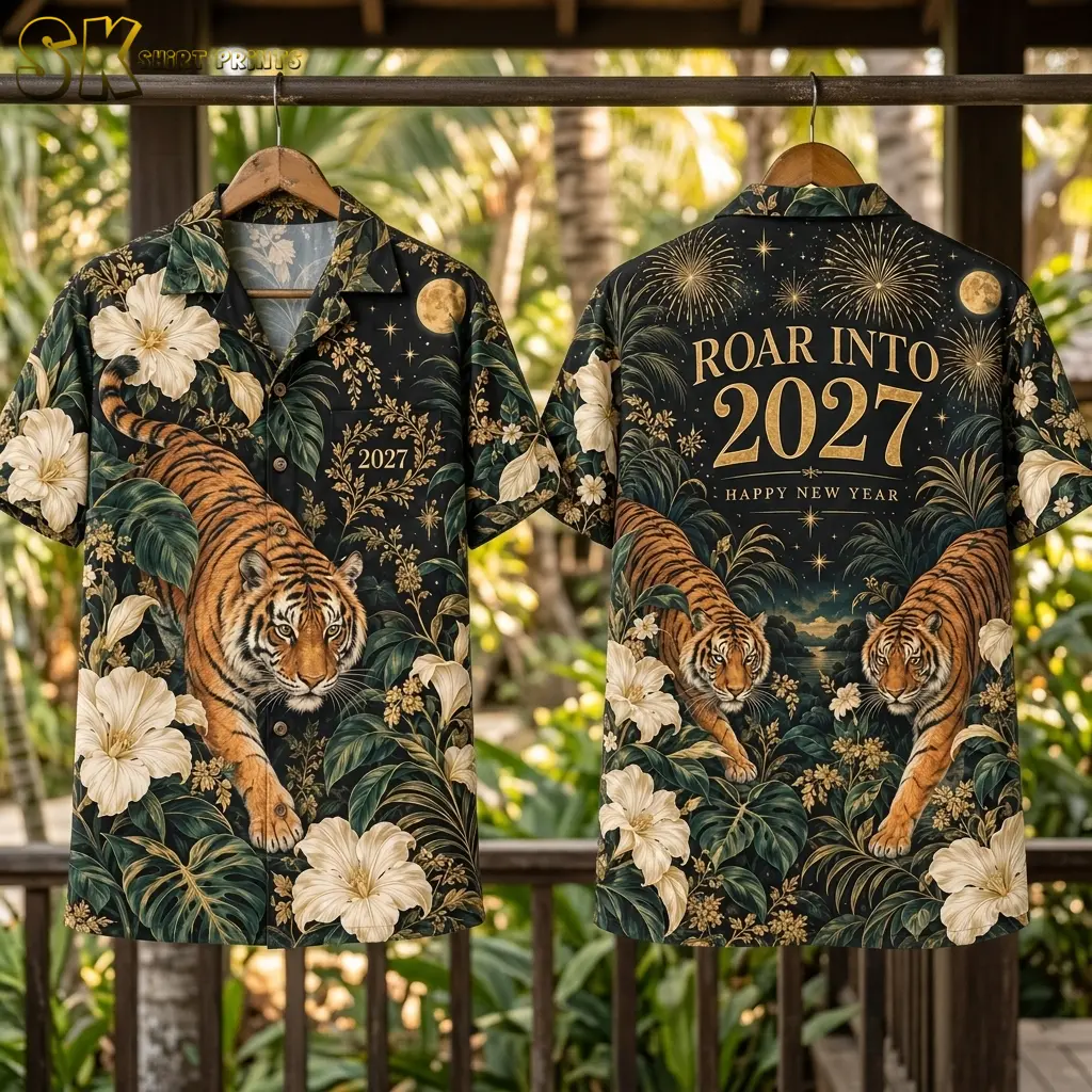 Two tiger-print shirts hang from a wooden rail amid tropical greenery, displaying the front artwork and “ROAR INTO 2027” back lettering.