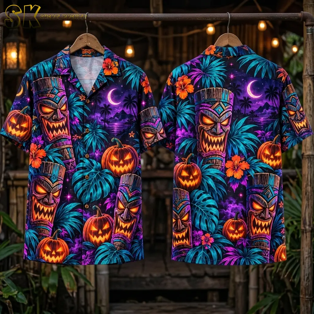 Front and back of a Halloween tiki shirt hang from wooden hangers on a metal rack, displaying vivid pumpkins and purple moonlit scenery.
