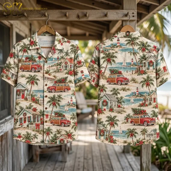Front and back of a tropical Christmas shirt hang from wooden hangers on a porch, showing festive cottages, woodie cars, and coastal scenery.
