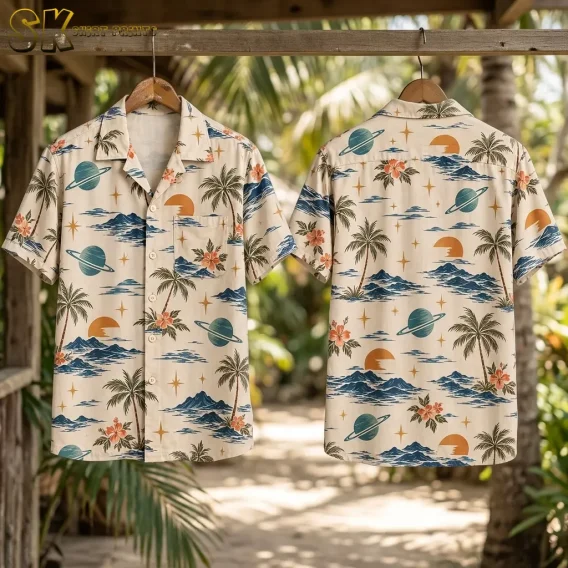 Cream tropical shirts hang from a wooden beam, displaying the button front and back with palms, orange suns, and teal planets.