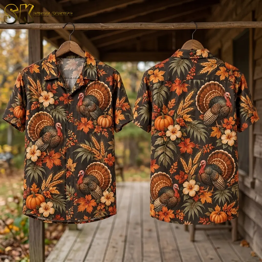 Front and back displays of the turkey-print shirt hang from wooden hangers on a covered porch.