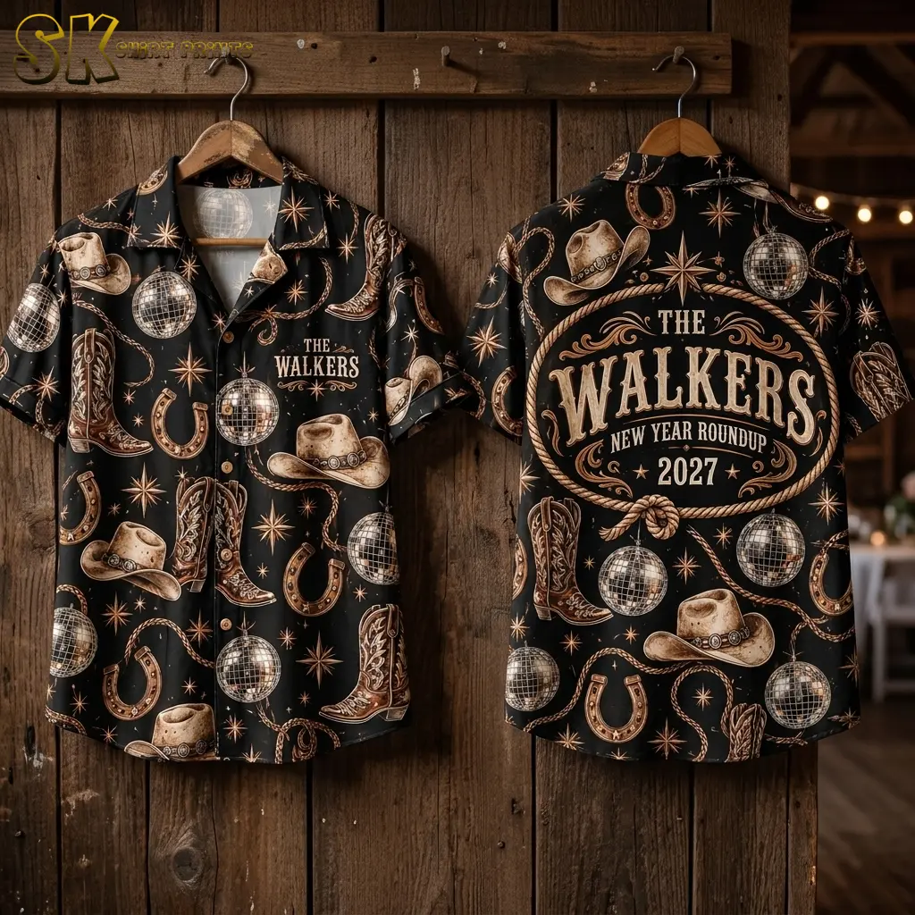 Two Western New Year shirts hang against a wooden wall, displaying the buttoned front and “THE WALKERS NEW YEAR ROUNDUP 2027” back.