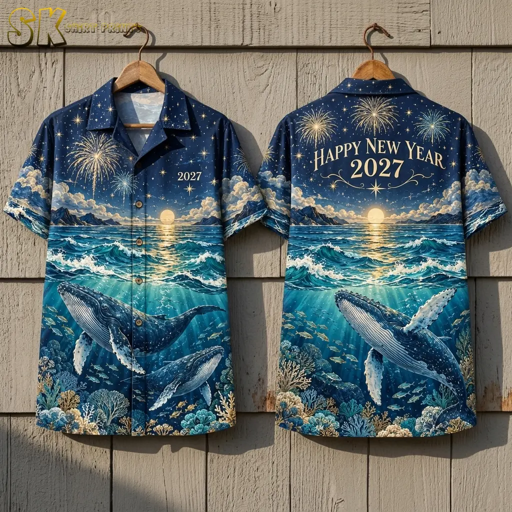 Two navy whale-print shirts hang against wood siding, showing the button front and Happy New Year 2027 lettering across the back.