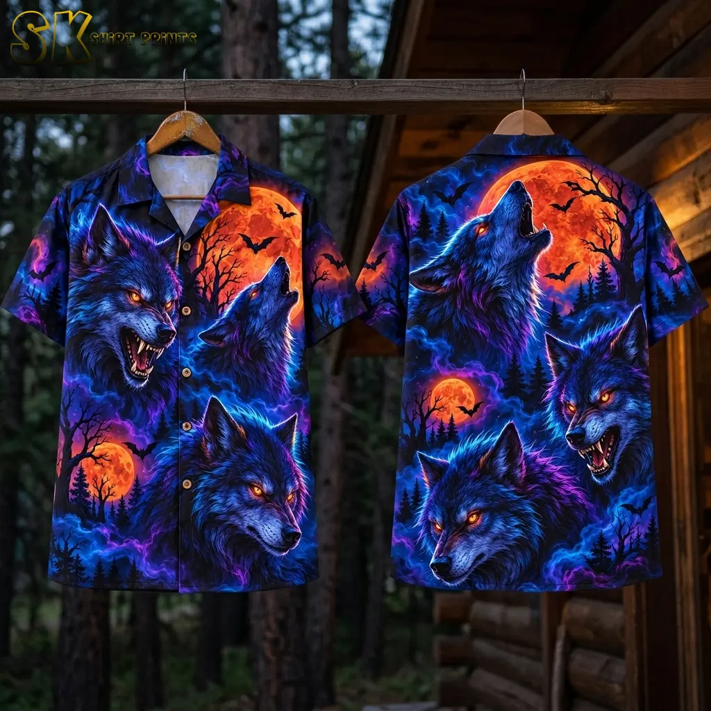 Front and back of a wolf print Halloween Hawaiian shirt hang on wooden hangers beside a cabin in the woods.