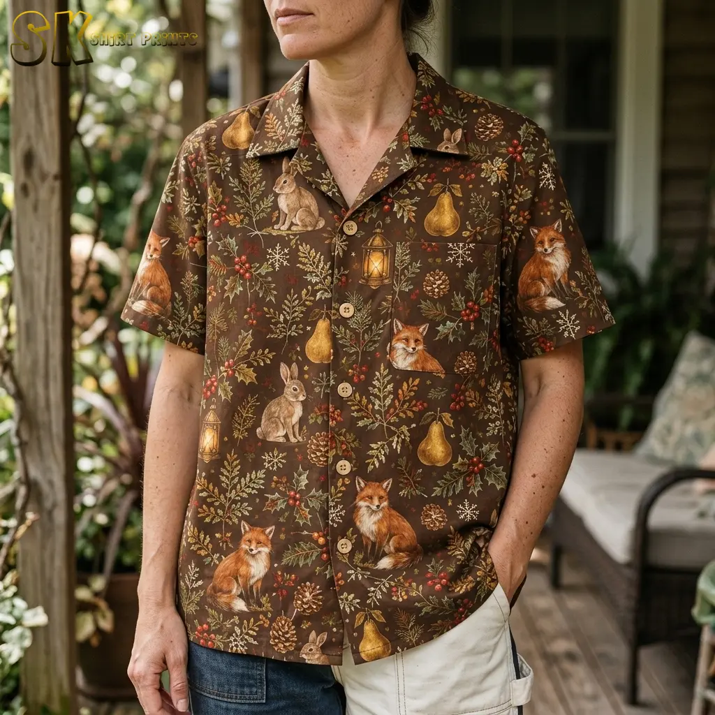 A woman on a covered porch wears the brown hawaiian christmas shirt, with a large glowing lantern, sitting fox, and rabbit motifs filling the front panel at close range.