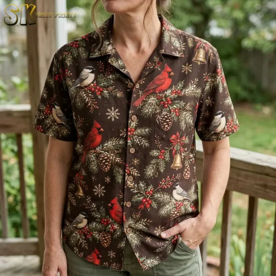 A woman wearing a hawaiian christmas shirt womens style stands on a deck, with chickadees, red cardinals, and holly berries filling the frame at close range.