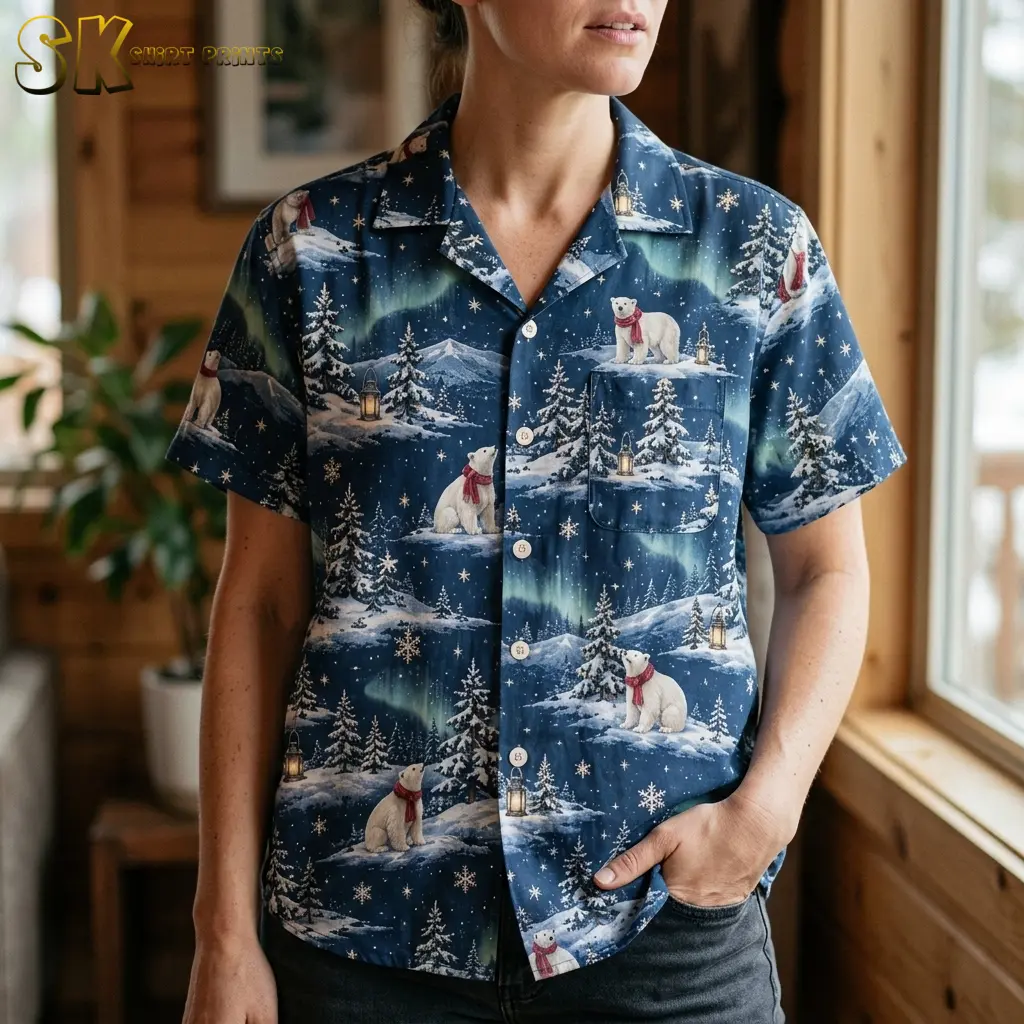 A woman stands near a wood-framed window wearing the shirt, with the sitting polar bear and lantern motifs clearly visible across the front placket.