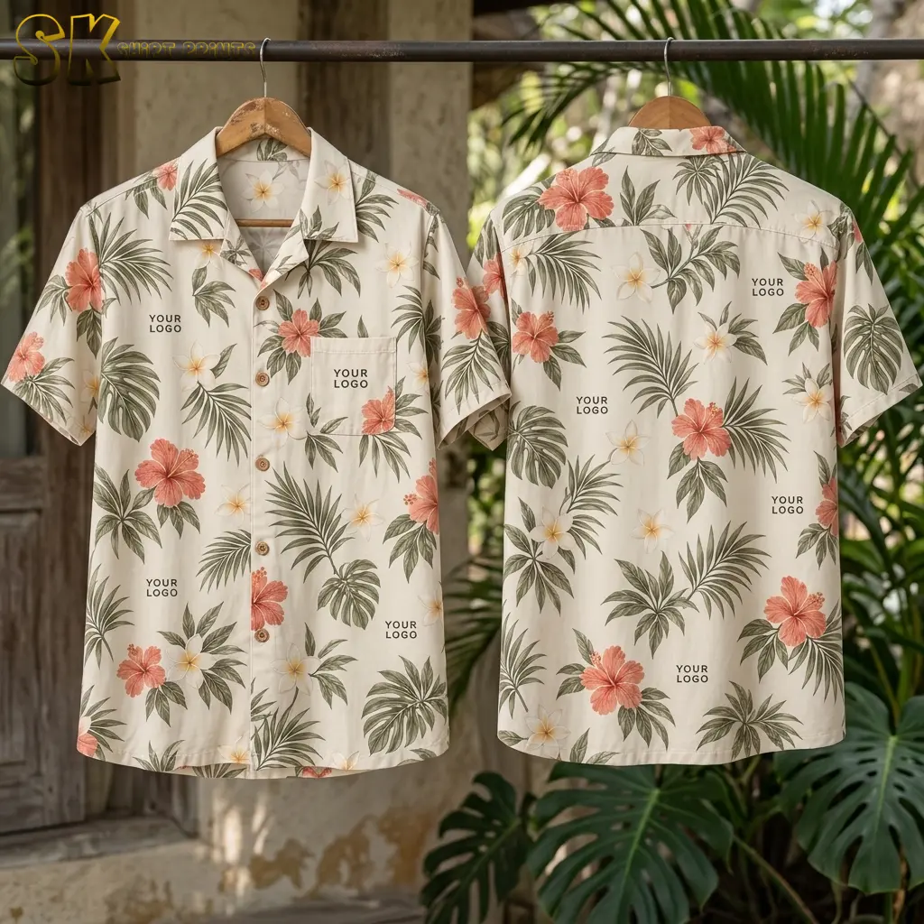 Front and back of a cream tropical Hawaiian shirt hang side by side on wooden hangers against an outdoor backdrop of palm and monstera leaves, showing the coral hibiscus print and logo placeholder positions on each panel.
