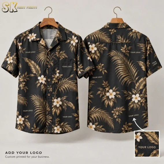 Two wooden hangers display the front and back of a black custom Hawaiian shirt with cream flowers and brown palm leaves, with 'YOUR LOGO' text repeated across both panels against a light gray background.