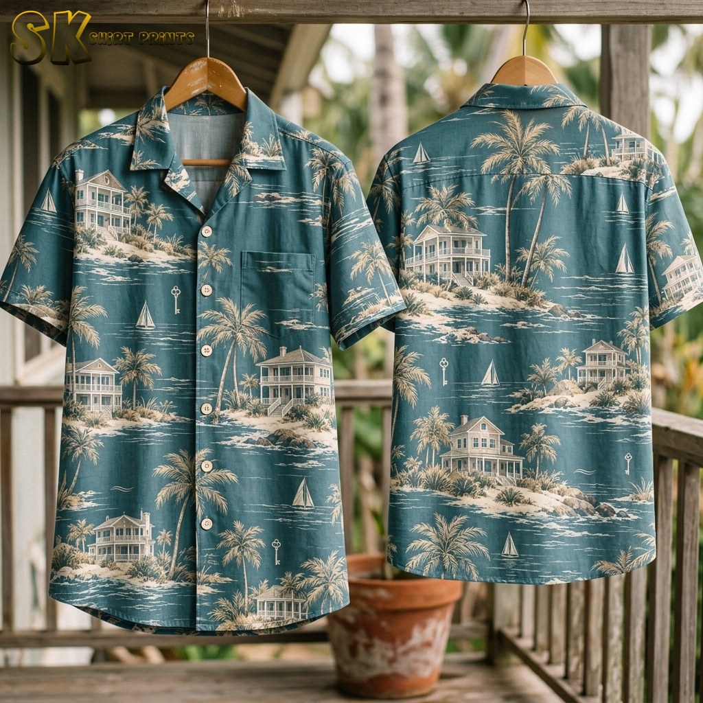 Two sides of the teal Hawaiian shirt hang on wooden hangers from a porch railing, with the front chest pocket and the back's large coastal scene of palm trees and beach houses both clearly visible.