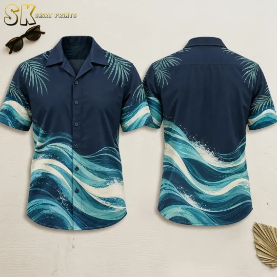 Front and back hanger render of a navy hawaiian shirt logo design featuring diagonal ocean waves in turquoise and white across the lower body and sleeves, with light palm leaf accents at the shoulders.