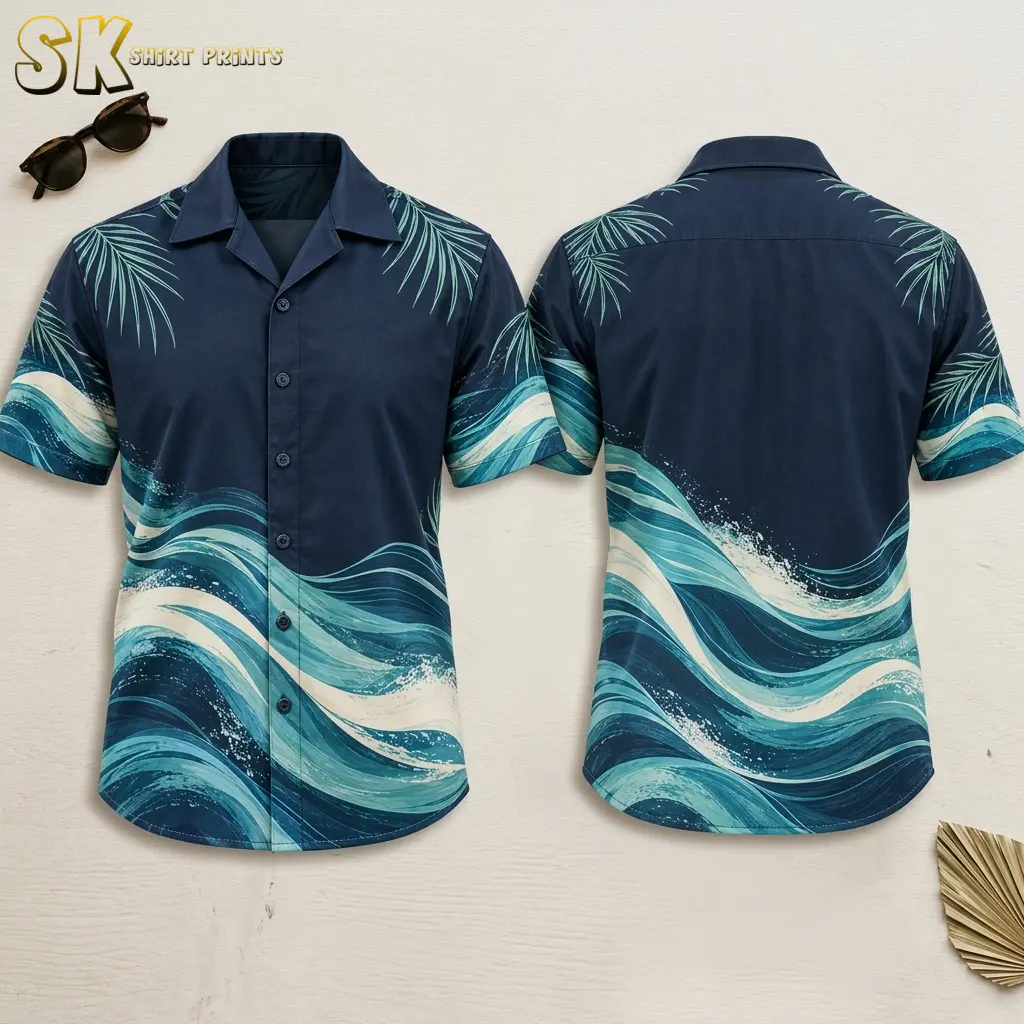 Front and back hanger render of a navy hawaiian shirt logo design featuring diagonal ocean waves in turquoise and white across the lower body and sleeves, with light palm leaf accents at the shoulders.
