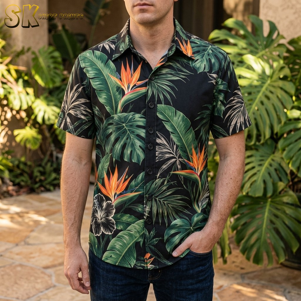 A man stands outdoors in front of lush monstera plants wearing a black button-up Hawaiian shirt covered in oversized green tropical leaves and orange bird of paradise flowers.