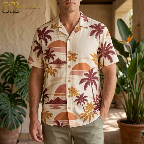 A man wearing the cream Hawaiian shirt stands in a shaded outdoor corridor surrounded by large tropical plants, with the double-sun and maroon palm-tree print clearly visible across the chest and lower front.