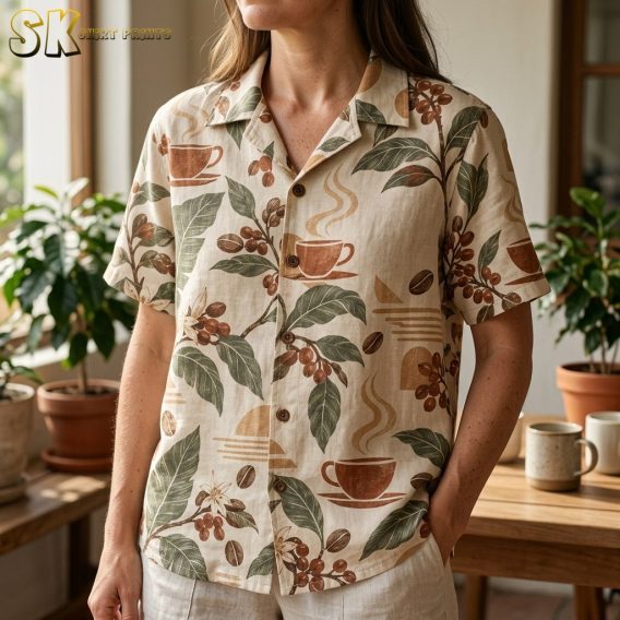 A woman wearing the beige coffee-print camp shirt stands indoors near large potted plants and a wooden table, with the botanical leaf and bean motifs clearly visible across the front.