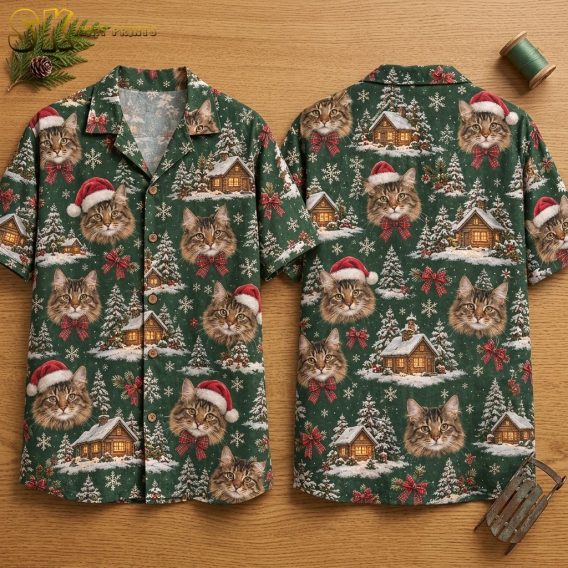 Both sides of a green hawaiian shirt for christmas displayed flat on a wooden surface, showing realistic tabby cat faces with Santa hats and red plaid bow ties alongside snow-covered cabins and white snowflakes.
