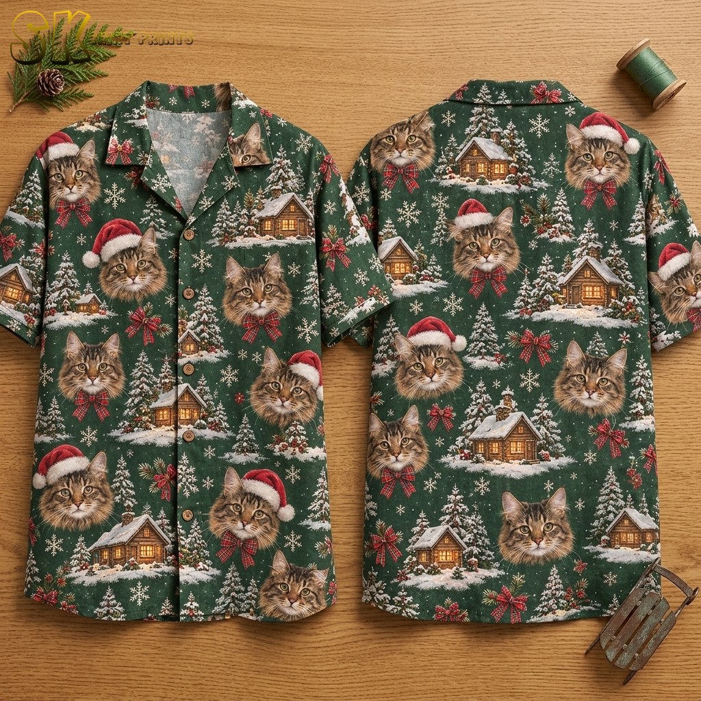 Both sides of a green hawaiian shirt for christmas displayed flat on a wooden surface, showing realistic tabby cat faces with Santa hats and red plaid bow ties alongside snow-covered cabins and white snowflakes.