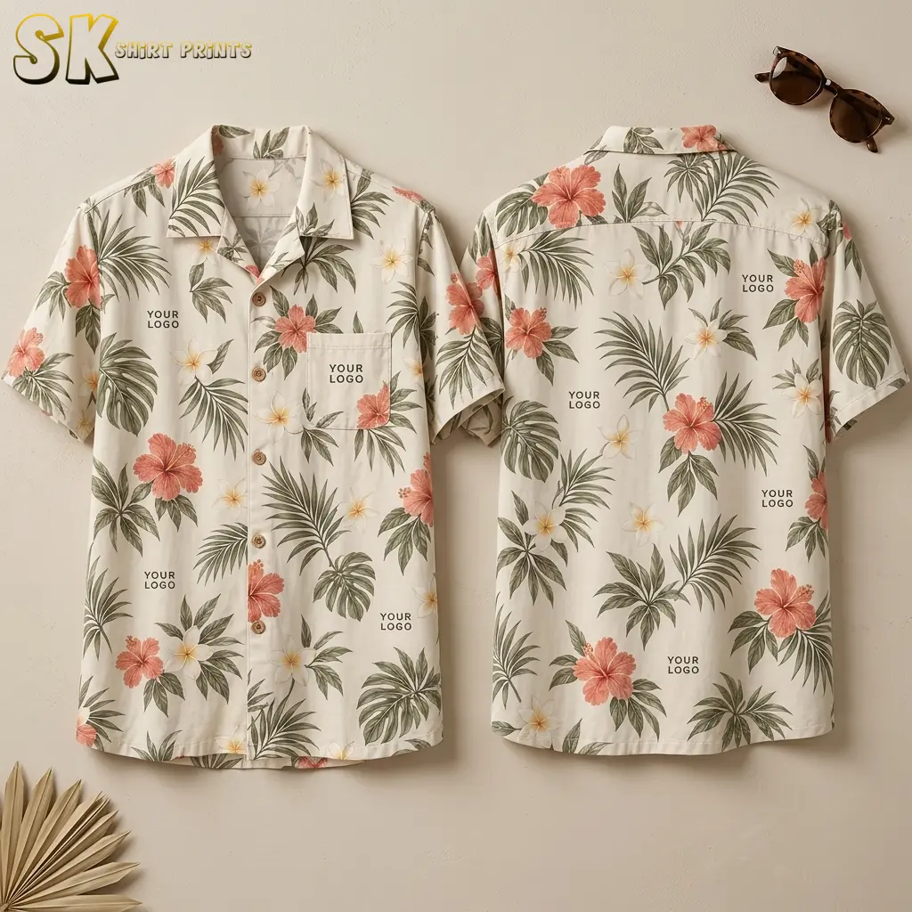 Front and back of a cream custom Hawaiian shirt with company logo placeholders scattered across a coral hibiscus and tropical leaf print, laid flat against a light background with sunglasses and a dried palm leaf nearby.