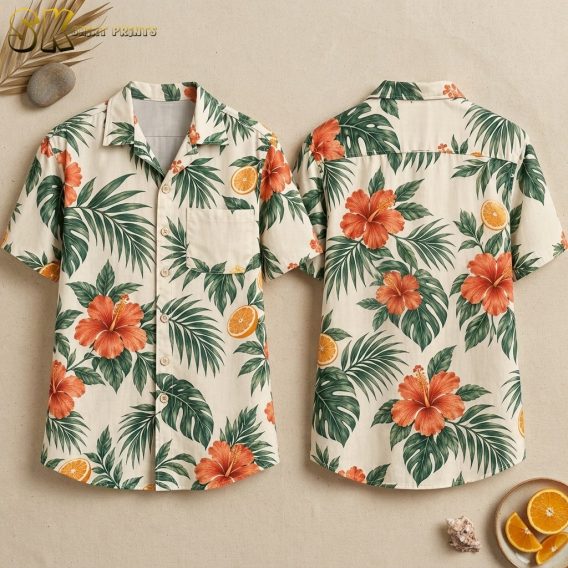 Front and back views of a cream button-up shirt displayed flat, showing an all-over pattern of orange hibiscus flowers, green palm and monstera leaves, and halved orange fruit slices.