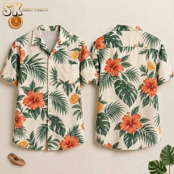 Both the front and back of a cream button-up camp-collar shirt are shown flat against a neutral surface, displaying large orange hibiscus blooms, monstera leaves, palm fronds, and halved orange slices spread evenly across the fabric.