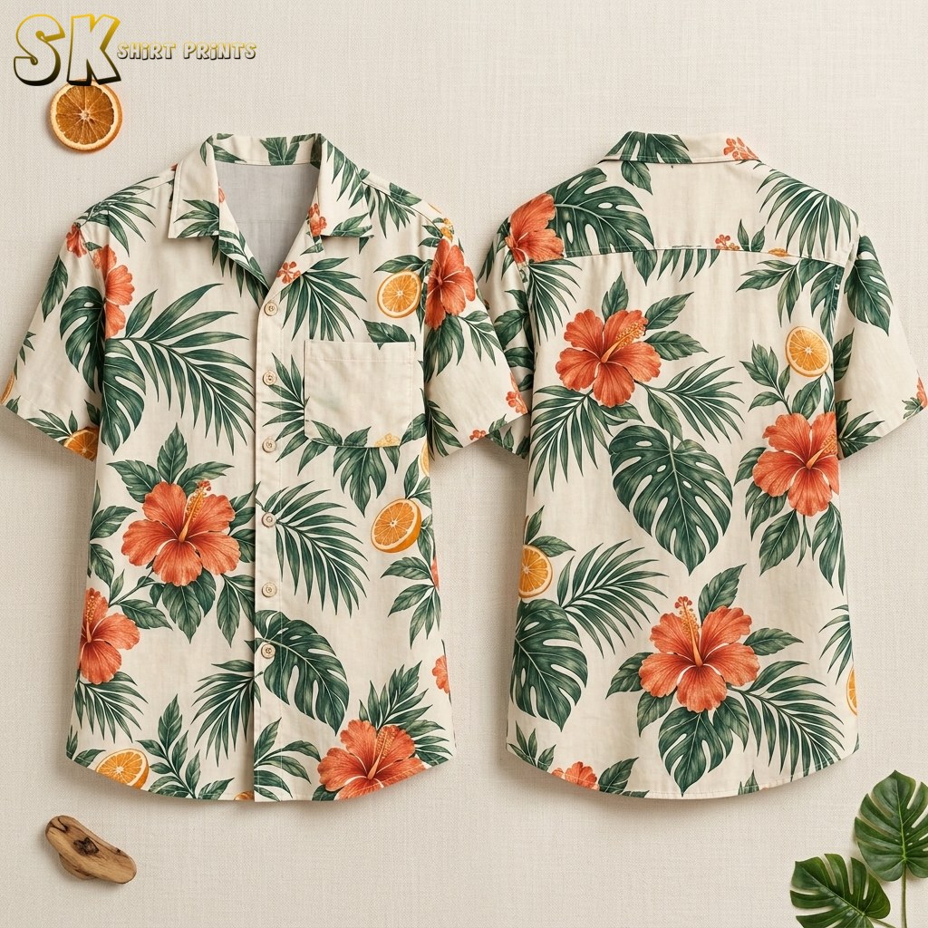 Both the front and back of a cream button-up camp-collar shirt are shown flat against a neutral surface, displaying large orange hibiscus blooms, monstera leaves, palm fronds, and halved orange slices spread evenly across the fabric.