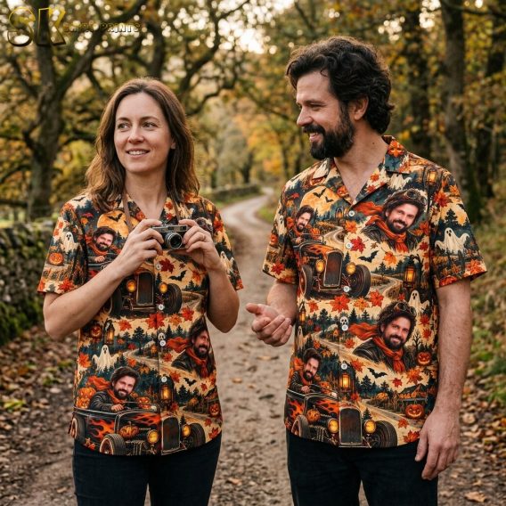 A couple shown together with the Halloween-themed aloha shirt visible, featuring the bearded hot rod driver motif alongside pumpkins, ghosts, and autumn leaves on a beige background.