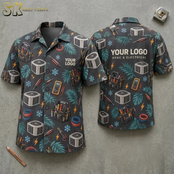 Both sides of a dark charcoal custom Hawaiian shirt with company logo placeholders shown flat on a concrete surface, featuring all-over HVAC units, tool bags, multimeters, coiled wires, lightning bolts, and tropical leaves.