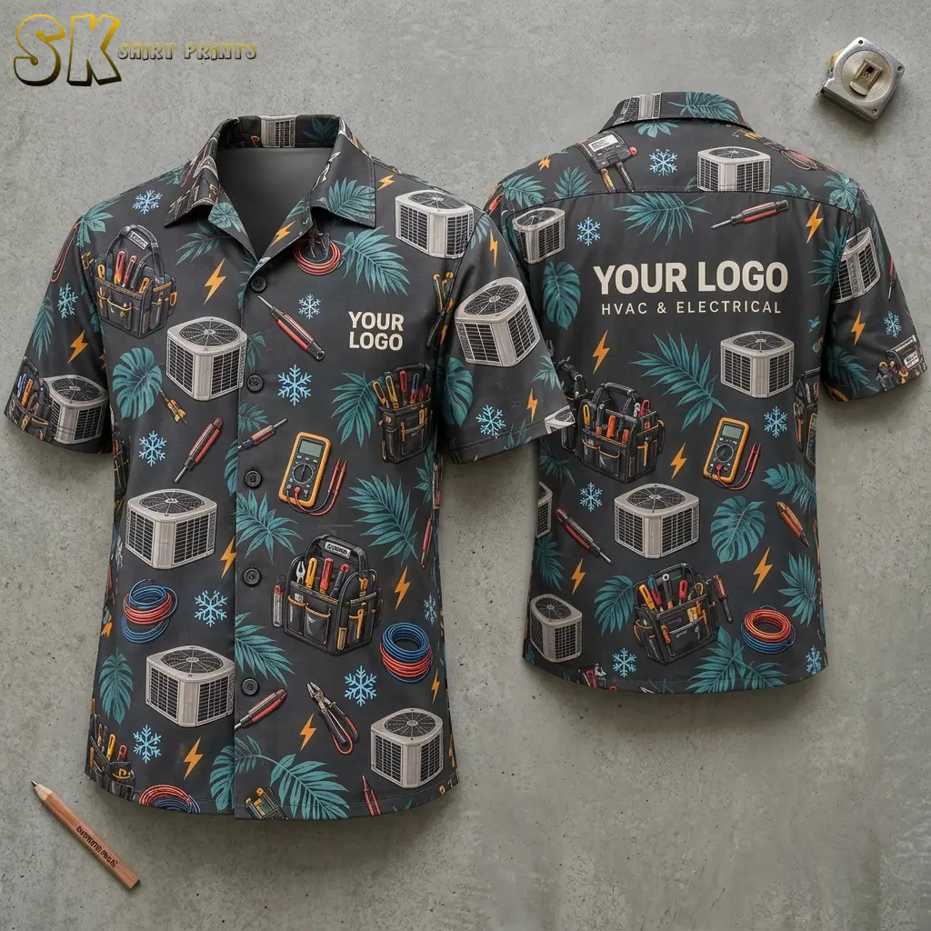 Both sides of a dark charcoal custom Hawaiian shirt with company logo placeholders shown flat on a concrete surface, featuring all-over HVAC units, tool bags, multimeters, coiled wires, lightning bolts, and tropical leaves.