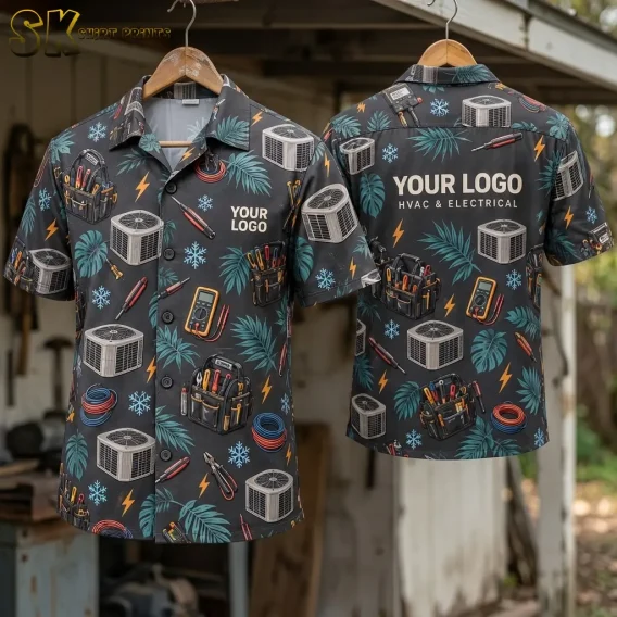 Front and back of the company logo Hawaiian shirt hang on wooden hangers in an open workshop, showing the full HVAC and electrical tool pattern alongside the large back logo and 'HVAC & ELECTRICAL' text.