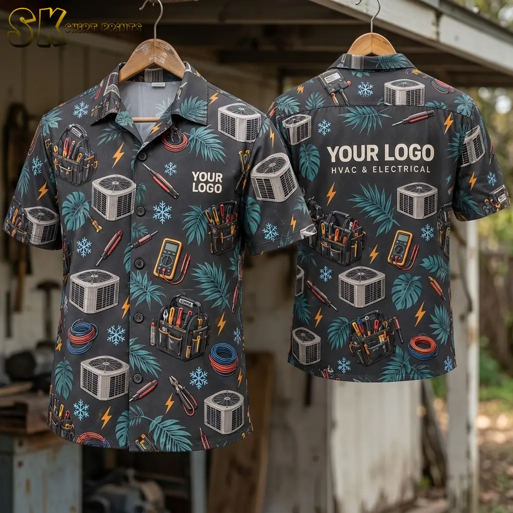 Front and back of the company logo Hawaiian shirt hang on wooden hangers in an open workshop, showing the full HVAC and electrical tool pattern alongside the large back logo and 'HVAC & ELECTRICAL' text.