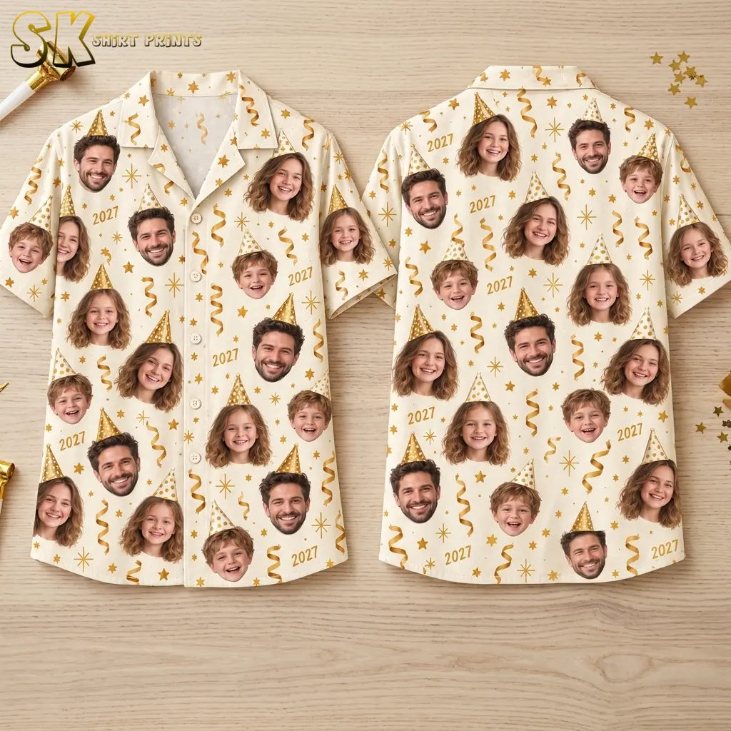 Two ivory shirts lie front and back on a light wood surface, showing repeated smiling faces and gold 2027 party graphics.