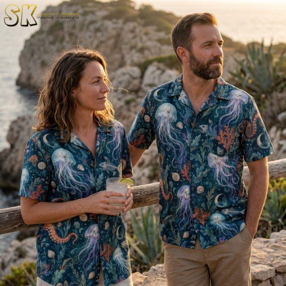 A couple shown together, with the shirt's dark teal fabric and all-over jellyfish and fish skeleton print visible in a casual lifestyle setting.