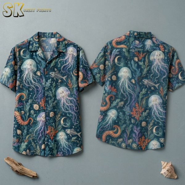 Spooky Hawaiian Shirt – Jellyfish and Fish Skeleton Underwater Pattern