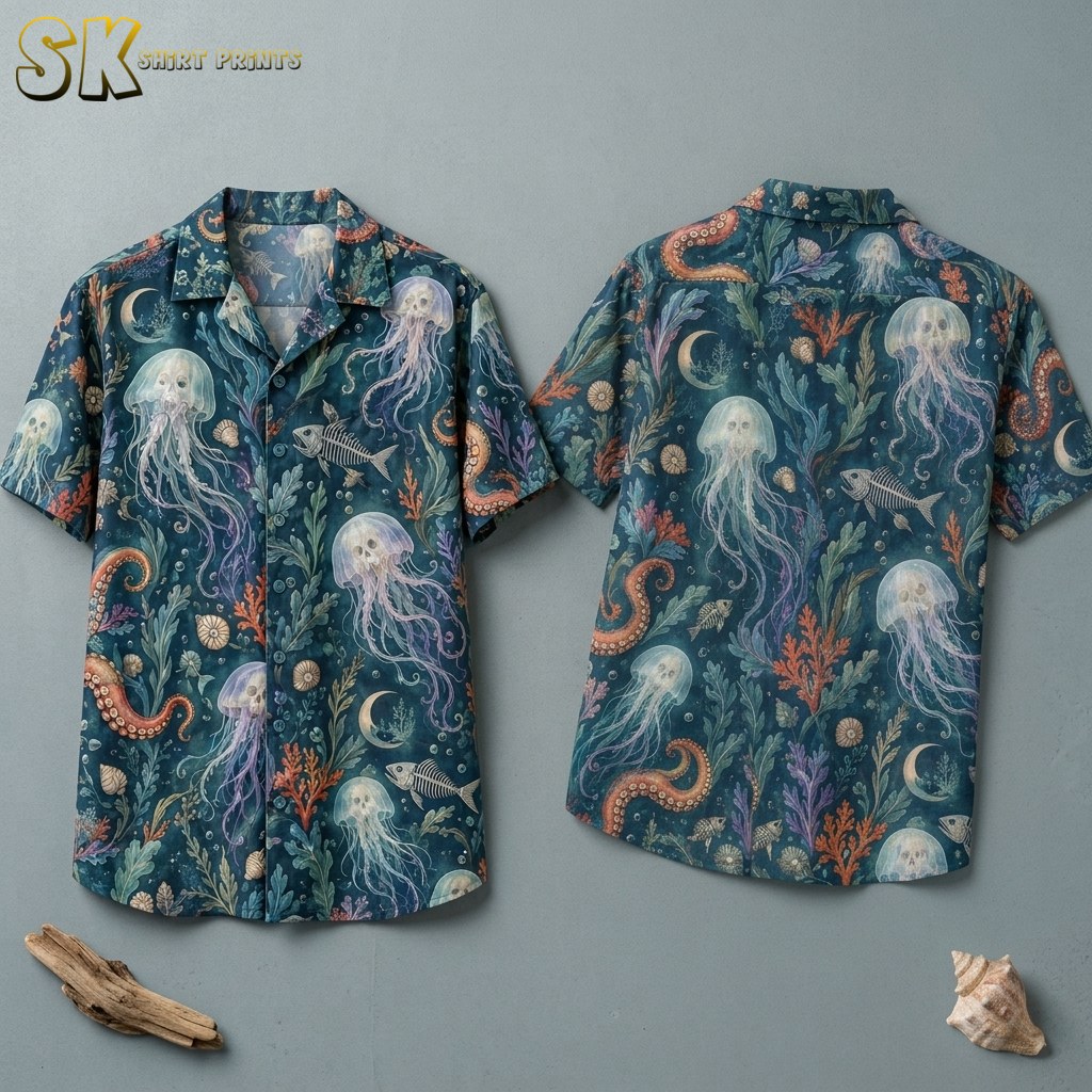 Spooky Hawaiian Shirt – Jellyfish and Fish Skeleton Underwater Pattern