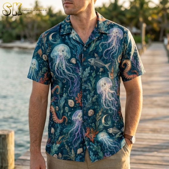 A man wearing a short-sleeve button-up shirt in dark teal printed with large translucent jellyfish and fish skeletons across the fabric.