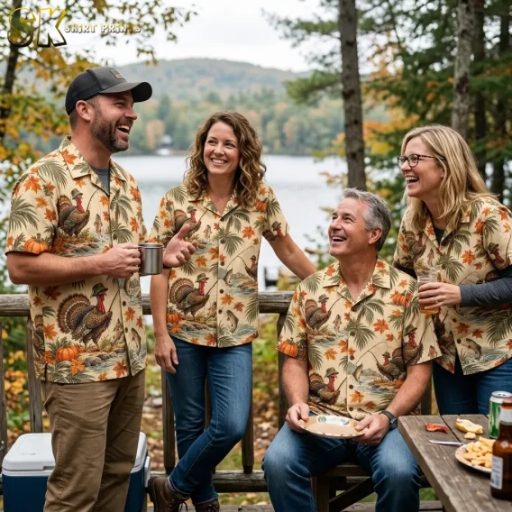 Four adults laugh together on a lakeside deck wearing matching beige shirts with turkey and autumn leaf prints.