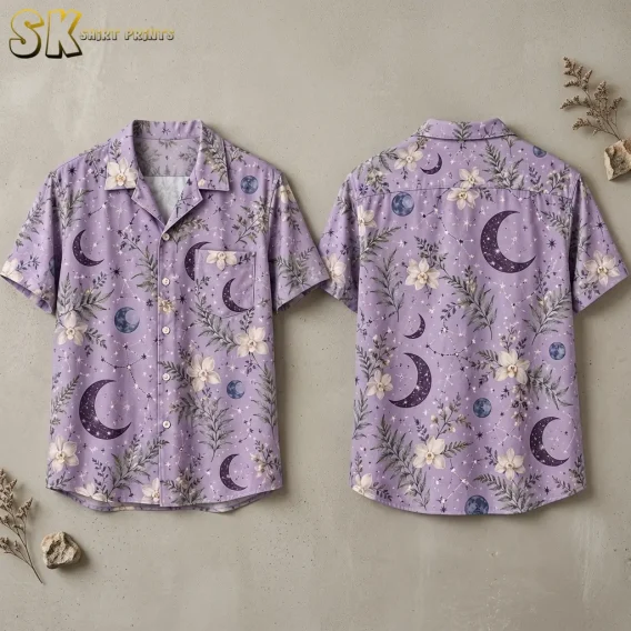 Front and back of a lavender button-up shirt displayed flat, showing large dark-purple crescent moons, blue-gray full moons, white five-petal flowers, and constellation line art spread evenly across both sides.