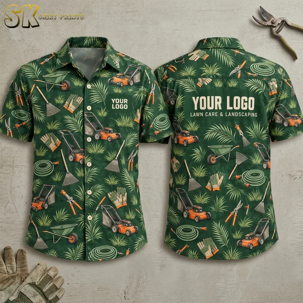 Front and back views of a dark green custom Hawaiian shirt with company logo placeholders, showing an all-over pattern of orange lawn mowers, rakes, pruning shears, garden hoses, and wheelbarrows on a concrete surface.