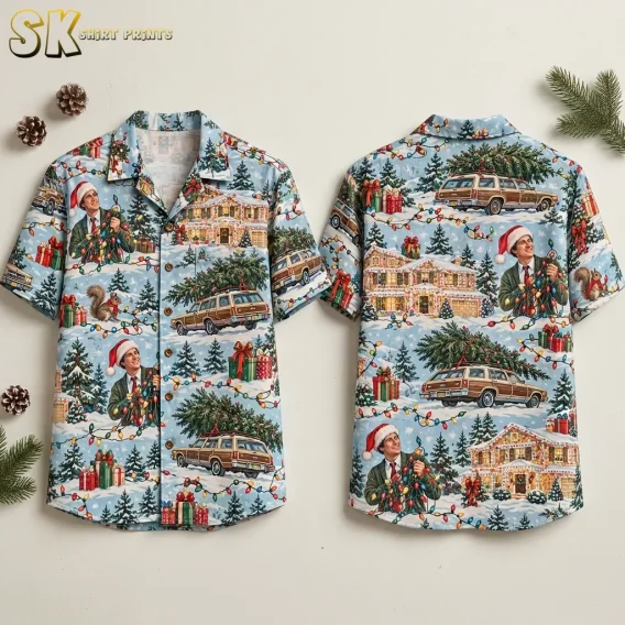 Front and back of a light blue Christmas Hawaiian shirt displayed side by side with snowy houses, station wagons, and colorful lights.